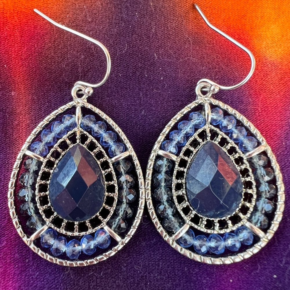 Blue and Silver Teardrop Earrings with Intricate Metalwork